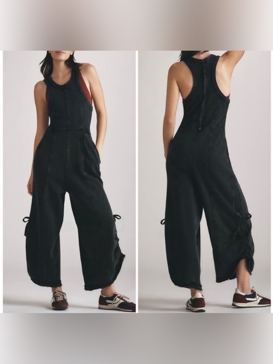 Free People Pants - NWOT Anthropologie Daily Practice Horizon Wide-Leg Knit Jumpsuit - black - XSP